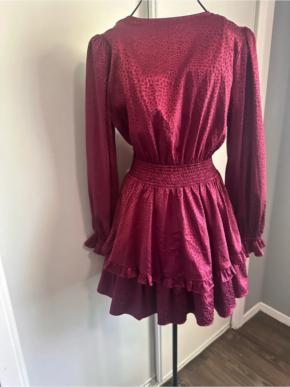 Tie-Front Ruffled Mini Dress in Deep Wine - Picture 6 of 6